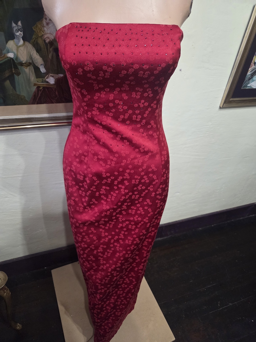 Strapless Red Floral Jacquard Prom Gown